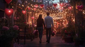 A couple walks hand in hand down a charming garden pathway illuminated by string lights and heart decorations. Vibrant flowers surround the area, creating a romantic atmosphere during twilight. photo