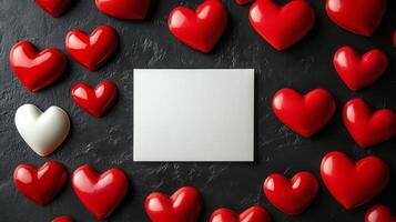 Red hearts are arranged around a blank card on a dark textured surface, creating a romantic and festive atmosphere. This setup is ideal for expressing love during special occasions. photo