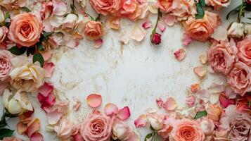 A beautiful display of fresh pink and cream roses surrounds a blank space. Delicate petals in various shades are scattered around, creating a charming and inviting atmosphere for any occasion. photo