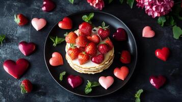 A stack of fluffy pancakes is topped with fresh strawberries and cream, arranged on a black plate. photo
