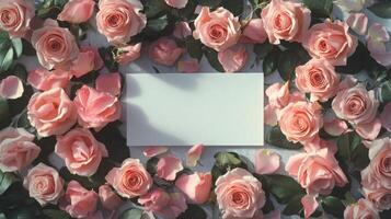 Soft pink roses are beautifully arranged around a blank card on a light surface. Petals in various shades scatter around, contributing to a romantic, elegant atmosphere perfect for any occasion. photo