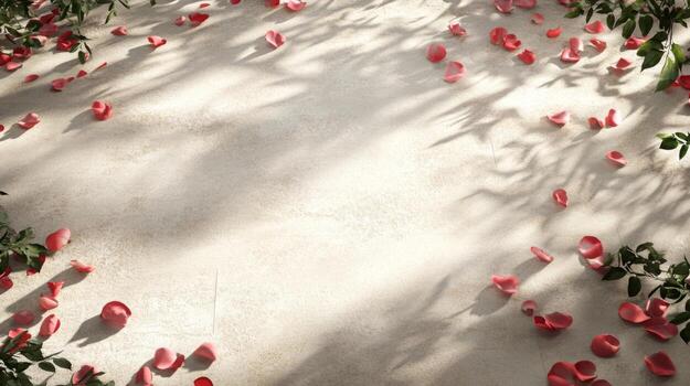 Rose petals in soft shades of pink scatter across a light, textured surface, creating a romantic atmosphere. Green leaves frame the petals, adding a natural touch to the serene setting. photo