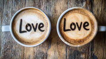 Two cups of coffee sit on a rustic wooden table, each adorned with the word Love crafted in the foam. This warm setting invites feelings of comfort and connection over a shared drink. photo