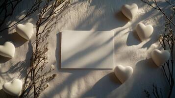 Soft light filters through, casting shadows on a blank card placed centrally. White heart shapes and dried flowers create a serene, romantic atmosphere, ideal for heartfelt messages or invitations. photo