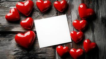 Decorative red hearts are arranged in a circular pattern around a blank square note placed on a dark wooden surface. The vibrant colors contrast with the rustic wood, creating a romantic ambiance. photo