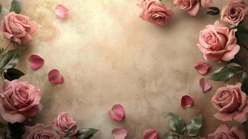 A collection of delicate pink roses surrounds a soft, textured background. Rose petals are scattered, enhancing the romantic atmosphere, perfect for celebrations or gatherings. photo