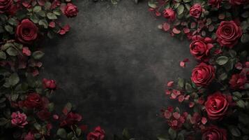 A collection of red roses elegantly arranged around a dark textured backdrop. The lush green leaves enhance the romantic atmosphere, making it ideal for various celebrations and special events. photo