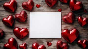 A collection of shiny red hearts surrounds a blank white paper on a wooden surface, creating a perfect setting for writing a heartfelt message, greeting card, or romantic note. photo