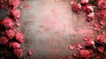Colorful pink roses and scattered rose petals form a beautiful border around a softly textured surface. This arrangement enhances a romantic setting perfect for events or intimate gatherings. photo