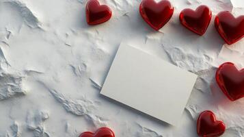 A collection of glossy red heart shapes surrounds a blank card set against a textured white surface, creating a romantic and inviting atmosphere. This setup is perfect for expressing love. photo