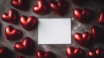 Bright red decorative hearts are arranged around a blank white card on a dark textured background. This setup creates a romantic and inviting atmosphere, perfect for love notes. photo