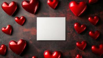 Red heart shapes are arranged around a blank card resting on a dark textured surface. This setup creates a romantic atmosphere, ideal for a special occasion or heartfelt message. photo