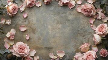 A beautiful arrangement of soft pink roses is placed around a textured surface. Delicate petals scattered around enhance the romantic and natural feel of this floral display, perfect for events. photo