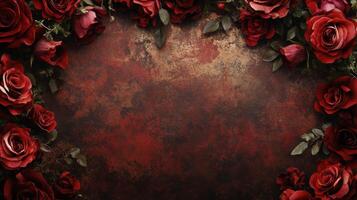 A beautiful display of red roses surrounds a rich, dark textured background. The vibrant blossoms create a romantic atmosphere, making it ideal for celebrations and heartfelt messages. photo