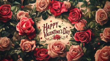 A colorful array of roses surrounds the words Happy Valentine's Day, creating a festive atmosphere. The composition features various shades of pink and red flowers, symbolizing love and affection. photo