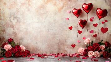 Colorful heart-shaped balloons float above an arrangement of red and pink roses on a textured background. photo