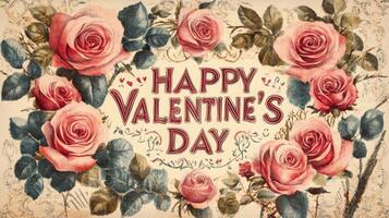 un hermosa Clásico tarjeta adornado con suave rosado rosas arreglado alrededor el palabras contento San Valentín día, evocando sentimientos de amor y afecto en un encantador y artístico diseño. foto