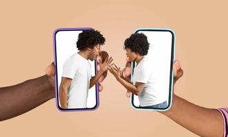 A couple engages in a lively text conversation using their smartphones, showcasing a blend of love and playful arguments. Their hands and devices are prominent, emphasizing their connection. photo