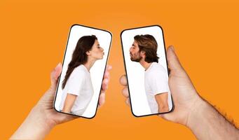 Two people engage in a playful interaction using their smartphones, expressing love through text messages. The bright background enhances their joyful connection. photo