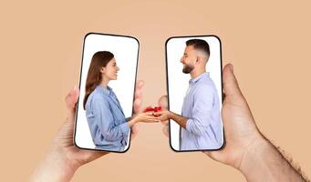 A couple is engaged in a loving exchange using their smartphones. They hold their phones, displaying a heartwarming connection as they share messages in a playful setup. photo