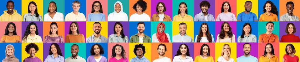 A joyful collection of portraits showcases a diverse group of people from various backgrounds. Each face radiates unity and happiness, celebrating international connections in a colorful setting. photo