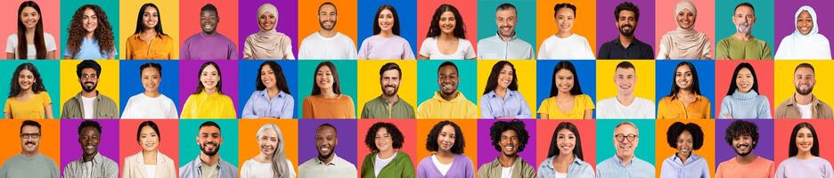 A colorful collection of happy faces representing various cultures. This mosaic highlights the joy of unity and diversity among people from around the world. photo