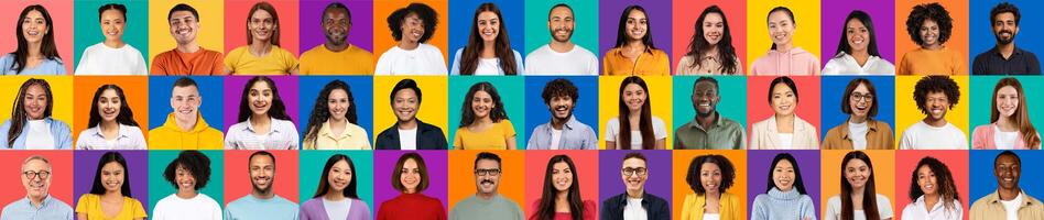A vibrant collection of portraits showcases happy, diverse individuals from around the world. Each face reflects joy and unity, creating a colorful mosaic of cultural richness and connection. photo