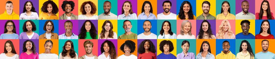 A vibrant collage showcases a variety of happy faces from different cultures and backgrounds. Each individual exudes joy, emphasizing the beauty of unity in diversity. photo