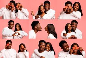 A young black couple joyfully shares their love on Valentine's Day, creating a collage of affectionate moments together. Their smiles and playful gestures highlight their strong bond and happiness. photo