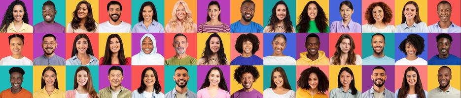 This collection showcases a vibrant mosaic of happy individuals from various backgrounds. Each face reflects joy and diversity, symbolizing unity and global connection. photo