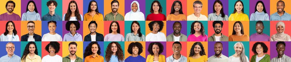 A vibrant collage of happy individuals from various backgrounds, celebrating diversity and unity. Each face reflects joy and connection, highlighting our shared humanity across cultures. photo