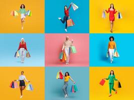A vibrant collection of diverse people enjoying shopping with colorful bags. The festive atmosphere showcases the excitement of bargain hunting during a seasonal sale event. photo