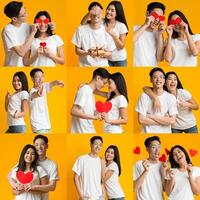 A young Asian couple expresses their affection through playful poses and heartfelt gestures, celebrating their love with a cheerful collection of moments perfect for St Valentines Day. photo