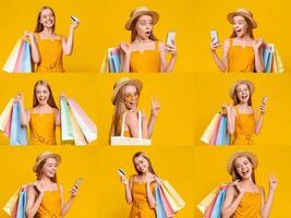 Cheerful individuals celebrate Black Friday, showcasing excitement as they shop with colorful bags in hand. Their joy highlights the thrill of bargains and the spirit of consumerism. photo