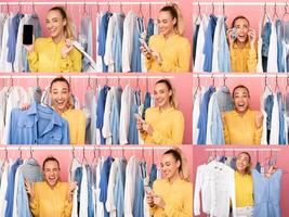 Young lady enthusiastic shopper enjoy various activities related to purchasing clothing during Black Friday sales. photo