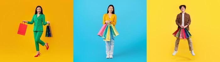 Three individuals showcase their shopping enthusiasm with bags of colorful merchandise. Each person, dressed in bright attire, enjoys the excitement of black Friday sales. photo