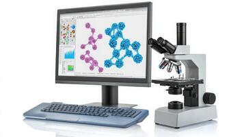 A computer displays complex molecular structures alongside an advanced microscope, highlighting the integration of digital tools in biological research. photo