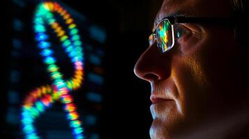 A researcher examines complex data displayed on a digital screen while showcasing colorful patterns reflecting on his glasses. The lab is focused on advancements in biocomputing technology. photo