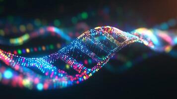 This visual artwork showcases a vibrant DNA double helix made of colorful particles, symbolizing the fusion of artificial intelligence and biological science in contemporary technology landscapes. photo