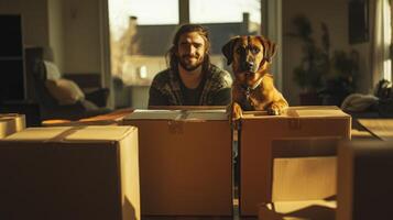 A man and his dog are surrounded by cardboard boxes in a bright living room. The warm sunlight filters through the windows, creating a comfortable atmosphere as they prepare for their move. photo