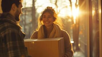 A woman with a joyful expression stands receiving a package from a man at sunset. The warm light casts a glow on their faces, highlighting the friendly exchange in an urban setting. photo
