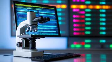 A computer screen displays colorful data while a microscope sits on a desk, showcasing the integration of artificial intelligence in biological research. photo