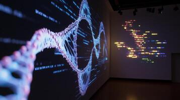 Digital graphics illustrate the intersection of artificial intelligence and bioinformatics on a large display. photo