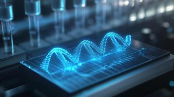 A sophisticated bio-computer setup displays intricate data visualizations in glowing blue light. It captures bioinformatics processes, showcasing waves and signals indicative of advanced analysis. photo