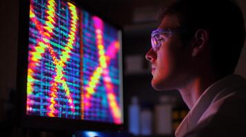 A researcher examines vibrant data patterns on a large computer monitor in a lab. The environment is dimly lit, highlighting the colorful visuals. Safety goggles adorn the man's face. photo
