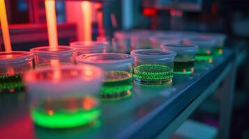In a modern lab setting, various small containers hold vibrant green solutions, illuminated by colored lights. photo