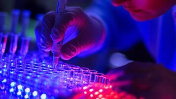In a laboratory, a scientist in gloves carefully fills test tubes with a syringe, utilizing artificial intelligence in bio research. photo