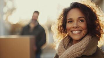 A joyful woman with curly hair is seen in sunlight, smiling while standing in front of a house. In the background, a man holds moving boxes, marking a moment of transition in real estate. photo