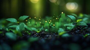 Small green plants thrive in dark soil, surrounded by a lush setting. A digital representation of growth is displayed above the foliage, symbolizing progress. photo