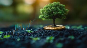 This visual illustrates the concept of sustainable investment, featuring a small green tree growing from a golden coin placed on rich soil, symbolizing growth and prosperity. photo